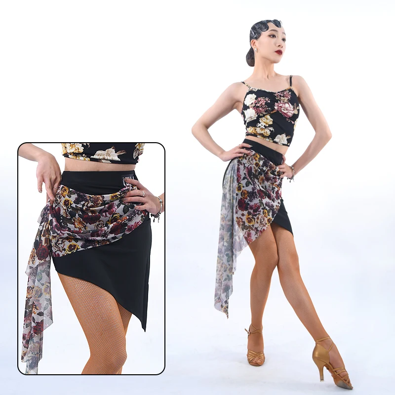 Latin Dance Skirt Rumba Dance Competition Costume Retro Printing Skirt