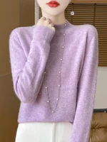 Fashion 100% Wool Sweater Women's Mock-Neck Knitwear Cashmere Pullovers Autumn Winter Long Sleeve Jumpers Clothing Tops - Image 3
