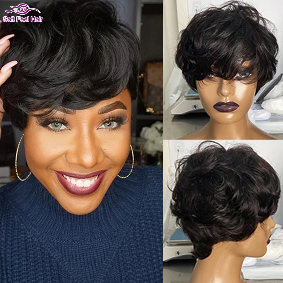 Short Wavy Pixie Cut Wig Human Hair Wig with Bangs for Women Full Machine Made Wigs(6 Inch 150% Density) human hair wigs