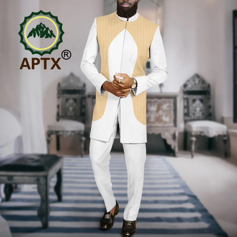 APTX African Men Suits Fashion Business Attire Dashiki Clothing Jacket Pants Set Wedding Party Bazin Riche A2316068 aptx african men s attire 2 pieces casual pants set short sleeve patchwork top full pants polyester suit ta2216148