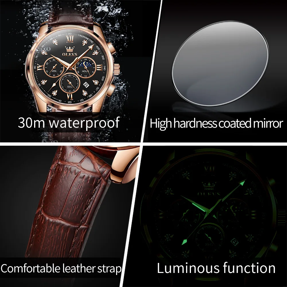 OLEVS New Fashion Quartz Watch for Men Leather Waterproof Sport Chronograph Mens Watches Top Brand Luxury Calendar Wristwatches
