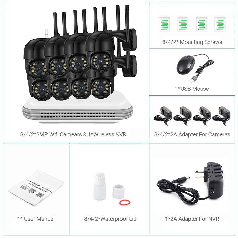 1080P 8CH Wireless CCTV System HD NVR Kit AI Face Detect Two