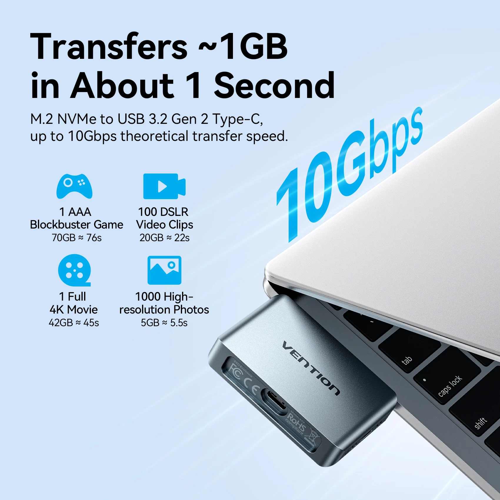 Vention 2-in-1 M.2 NVMe SSD 2230 인클로저 3500mAh 보조베터리 USB 3.2 10Gbps 케이스 4K ProRes 아이폰 맥북 노트북용 휴대용