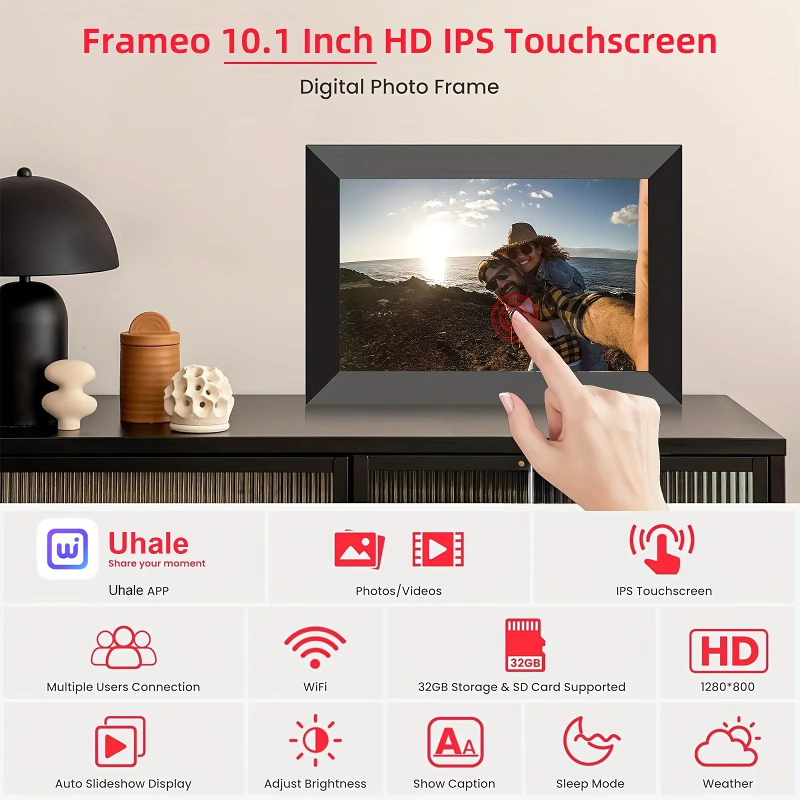 10.1” WiFi Digital Photo Frame, IPS Touch Screen, 32GB Storage, Gravity Sensor Support, Photo/Video Sharing via Secure Free Apps view 2