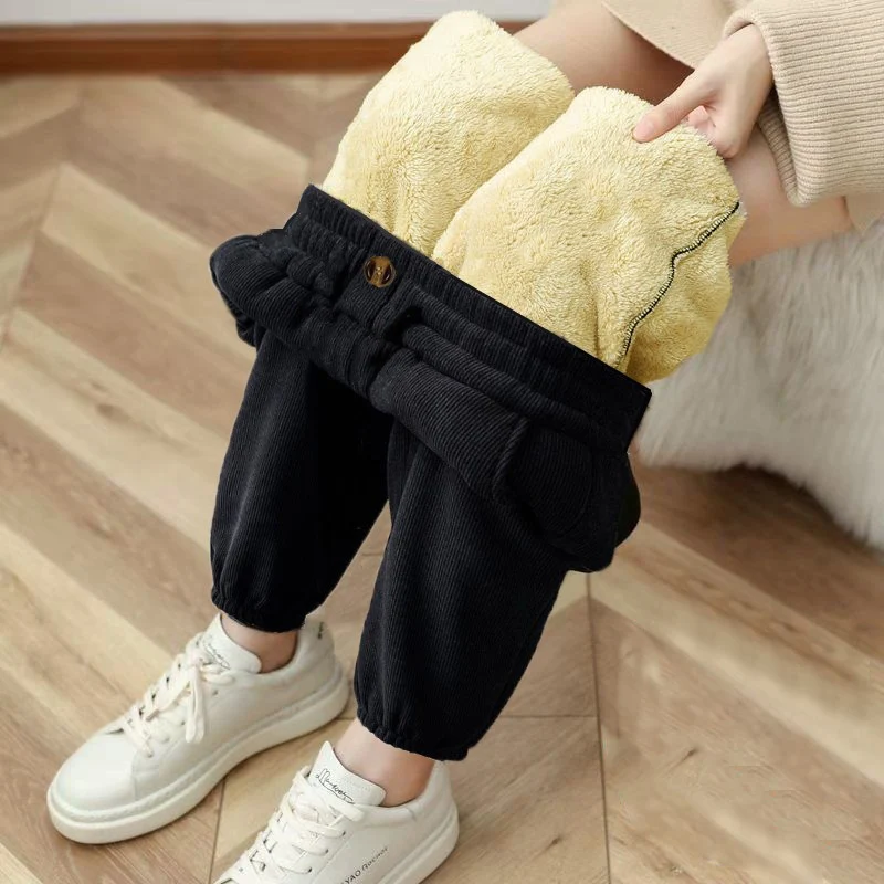 Woman Clothes Winter Office Lady Corduroy Lamb Wool Plush Warm Pencil Pants Pink Sporty Fake ButtonThick Solid Casual Long Pants