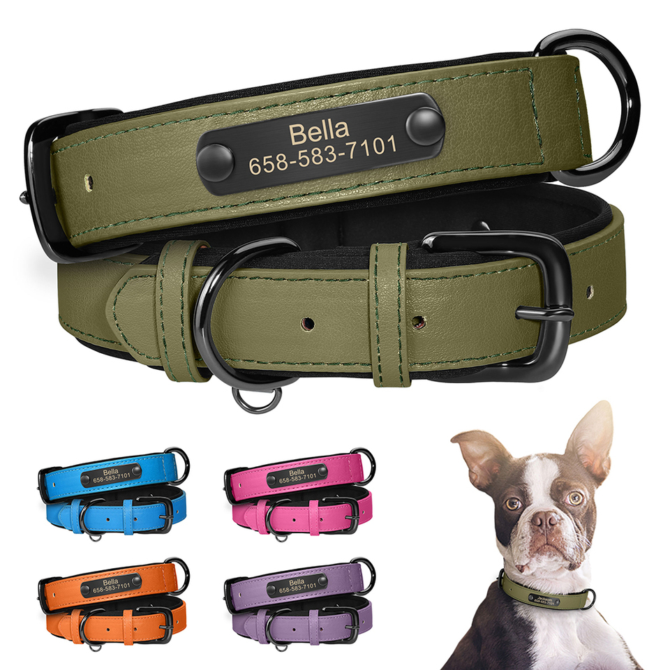 Customized PU Leather Dog Collar Soft Padded Dog Collars Free Engraved Puppy Pet Necklace for Small Medium Large Dogs chihuahua