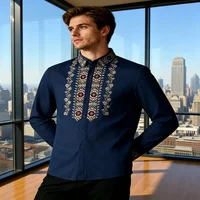 Chemise Homme Vintage à Broderie Florale Géométrique Blanche à Manches Longues Boutonnée Style Business Décontracté 3