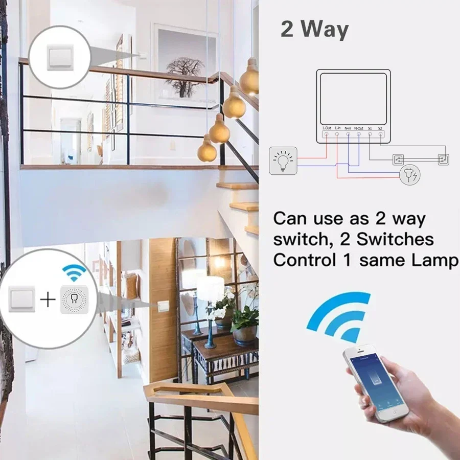 WiFi Smart Switch RF433Mhz Module Relay Breaker 16A 20A Tuya Smart Life APP Alexa Google Assistant Voice Control 2-way Control