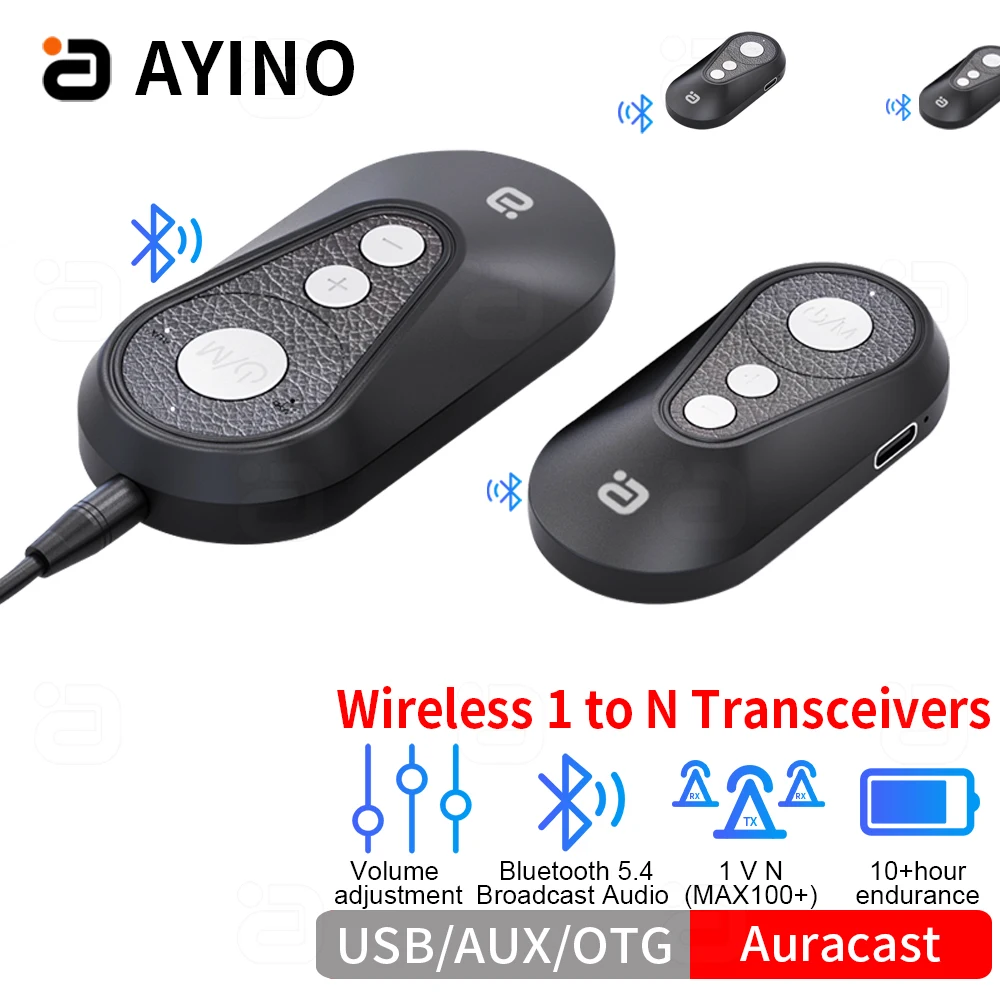 Беспроводной аудиоадаптер AYINO Bluetooth 5,4, Auracast транслирует приемники «один к многим», USB AUX OTG с задней застежкой