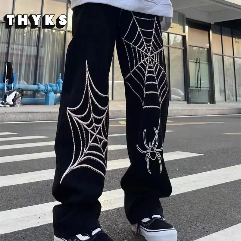 SpidersGraphicPrintHipHopJeansforMenBaggyStraightPants