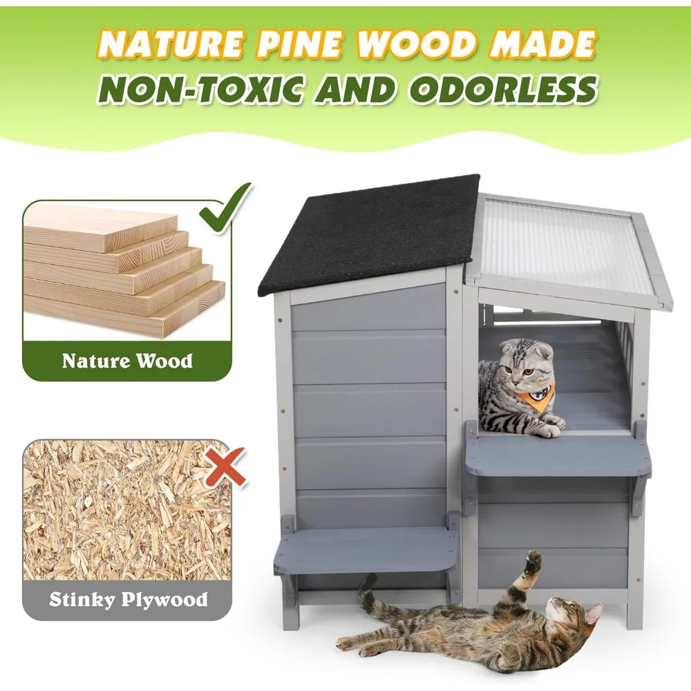Outdoor Insulated Cat House, 2-Tier Warm Wood Cat Shelter with Sunlight Roof, Balcony, Jumping Platforms,Weatherproof, Openable