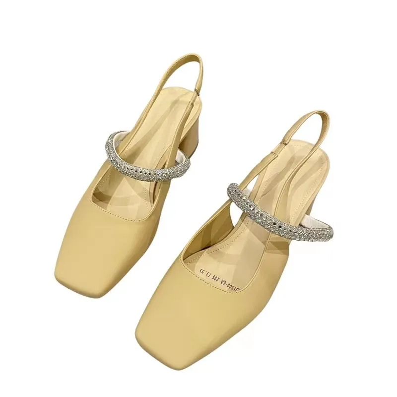 Baotou Sandals Women's 2023 New Summer Korean Versatile Square Headed Mary Jane Rhinestone Back Hollow High Heel Single Shoe