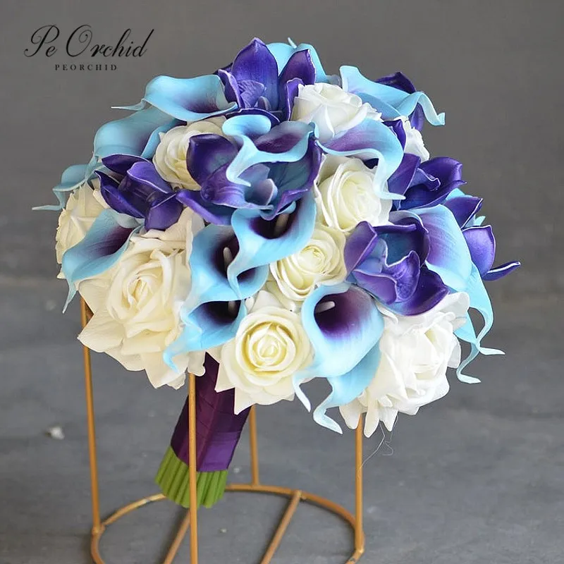 

PEORCHID Purple Turquoise Blue Bride Bouquet Wedding 2023 Real Touch Calla Lilies Ivory Artificial Roses Beach Bridal Bouquet