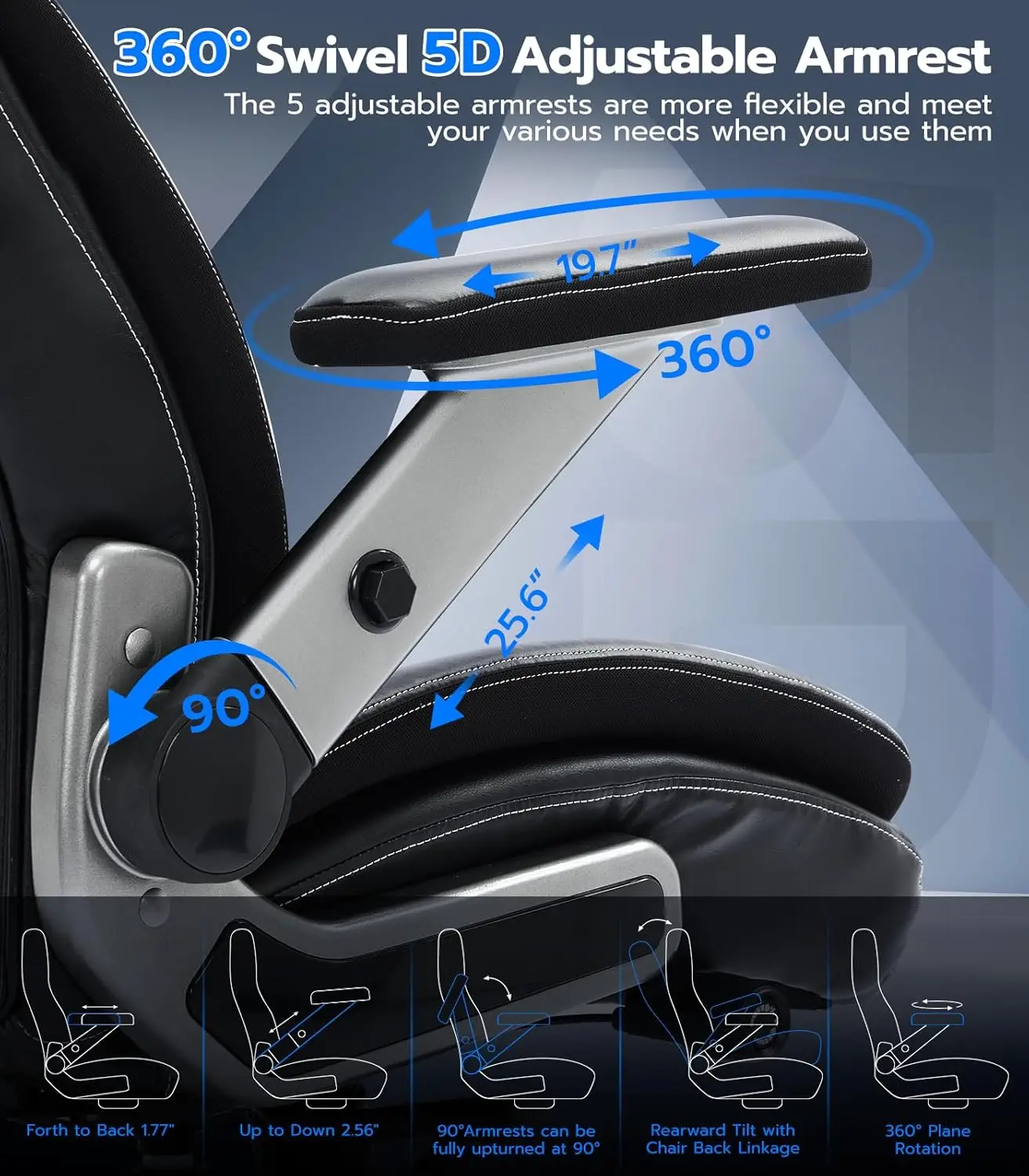 Big and Tall Office Chair with 5D Adjustable Arms, 600lbs Ergonomic Executive Chair with Adjustable Lumbar Support, Fabric and P 4