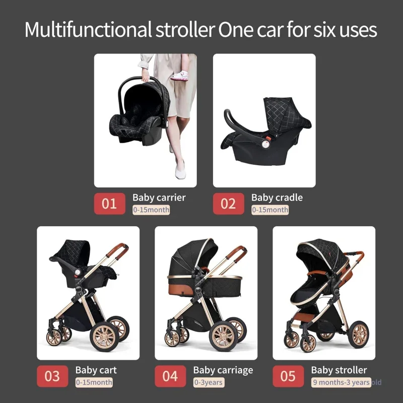 3 in 1 Baby Travel System Infant Baby Stroller Pushchair High Landscape Reversible Foldable Portable Stroller Newborn Pram Recli