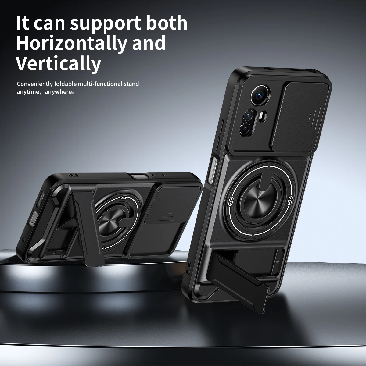 Slim Magnetic Ring Protective Phone Case with Sliding Window and Double Bracket - Durable Hard Shell Design