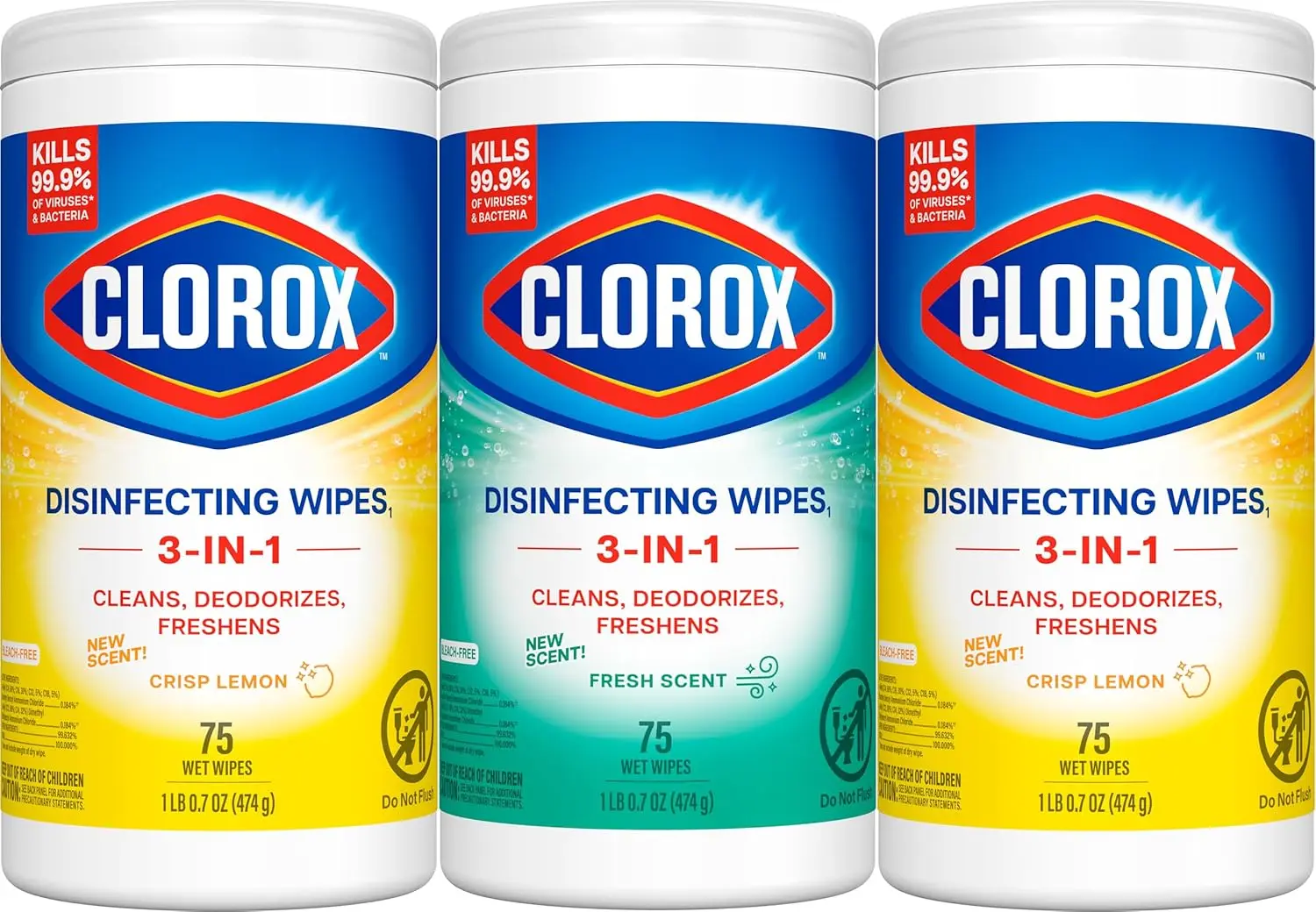 Lingettes désinfectantes sans eau de Javel 3x75, parfum frais, en gros plan sur fond blanc.