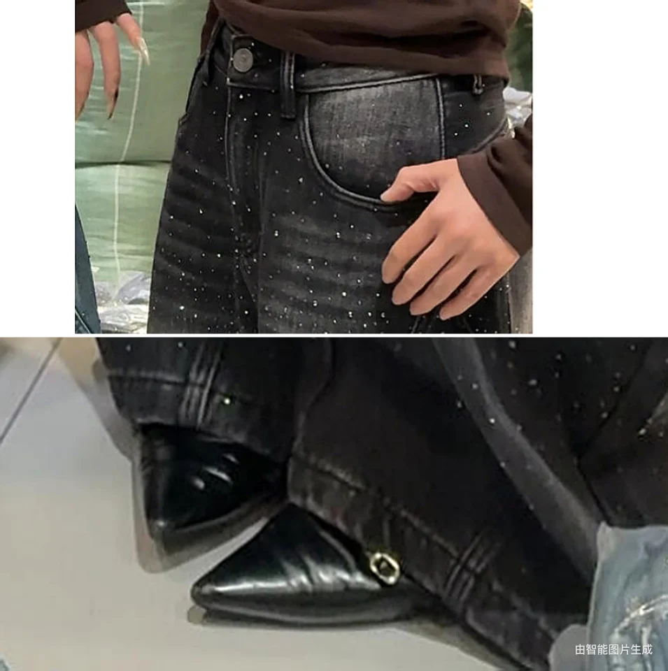 بنطلون جينز نسائي جديد بتصميم واسع الساق مزين بالأحجار اللامعة، جينز فضفاض بطول كامل