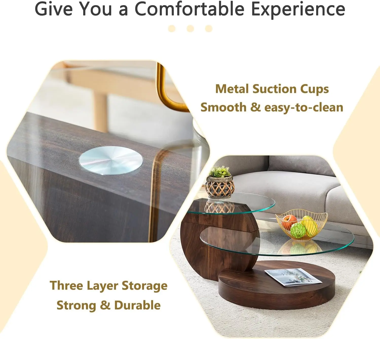 Glass Coffee Table,Modern Round Tempered Glass Coffee Tables for Living Room,Cocktail Table for Small Space Home Office (Walnut) 4