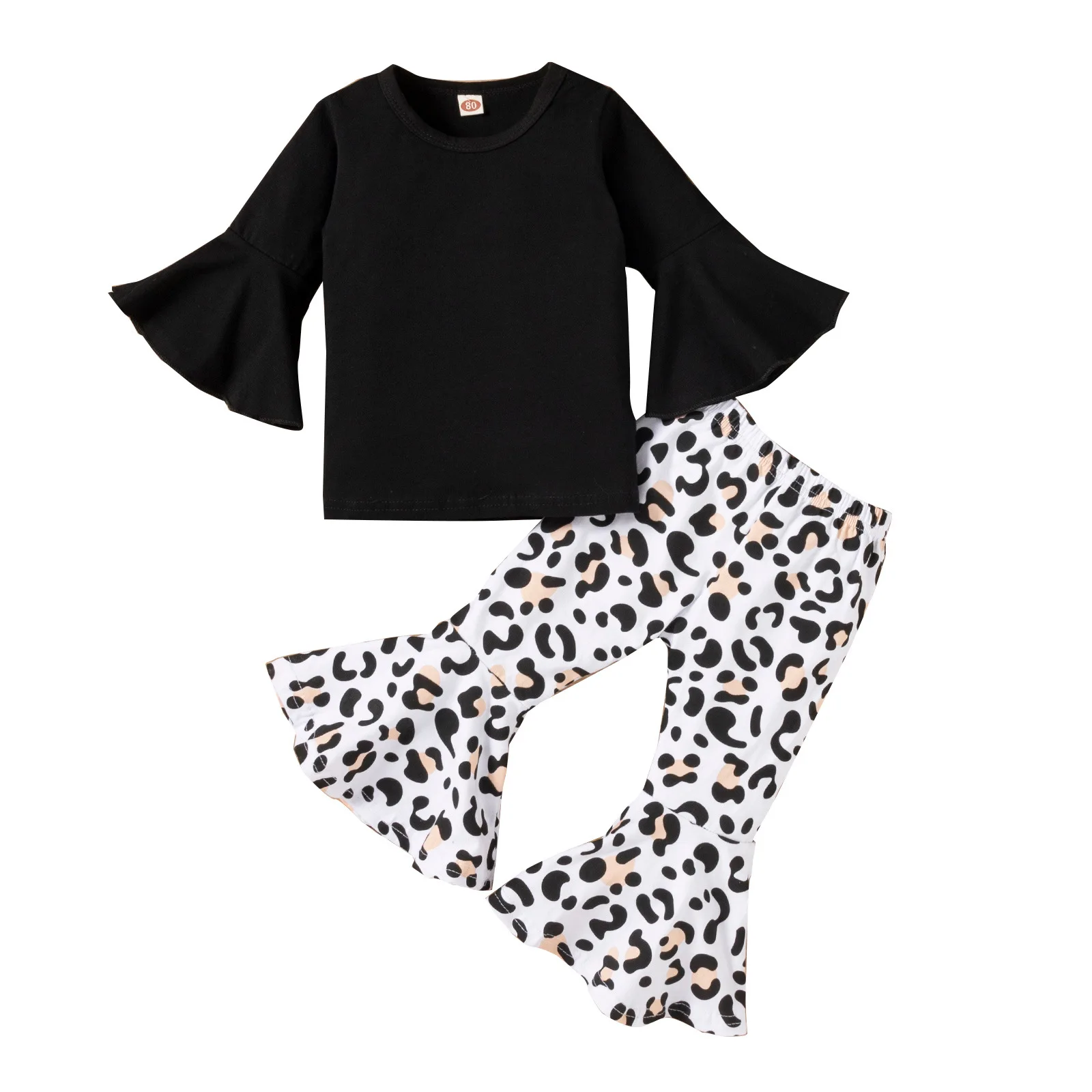 

Fashion Girls Two Piece Suits Black Long Sleeve Shirts Leopard Print Flare Pant Kids Clothes for 1 2 3 4 5 Year Toddler Children