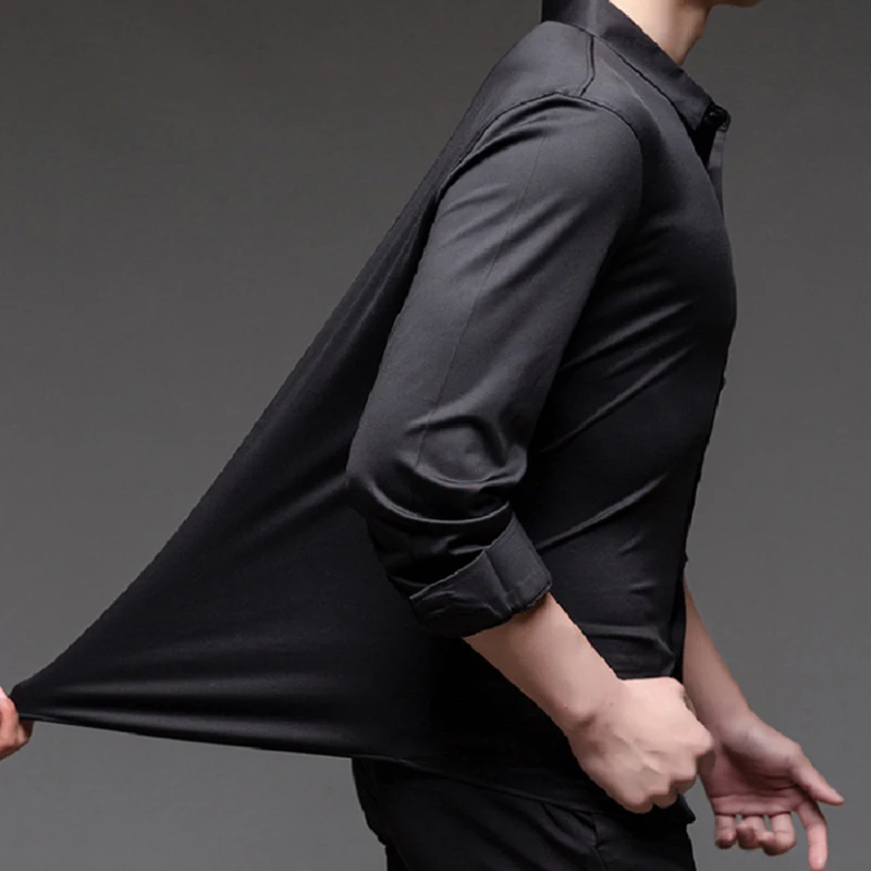 Men's Short shirt sleeve ice silk spring summer seamless high stretch non-ironing anti-wrinkle business casual solid color