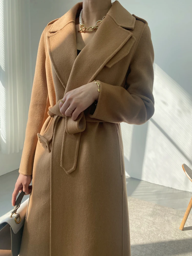 Autumn Winter Double-Sided Cashmere Coat For Women With Lace Up  100% Wool Long Sleeve Solid Thickened Warm Long Woolen Coat