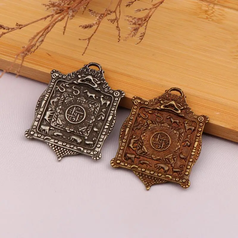 Old Bronze Dharma Tool Jiugong Card Tibet 12 Zodiac Sign Horoscope Pendant For Mens Womens Hainging Keyring Charms Gift