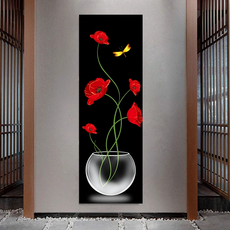 

Vase with purple tulips Flowers Butterfly wall art Canvas painting poster Porch Corridor Vertical Version Home Decoration