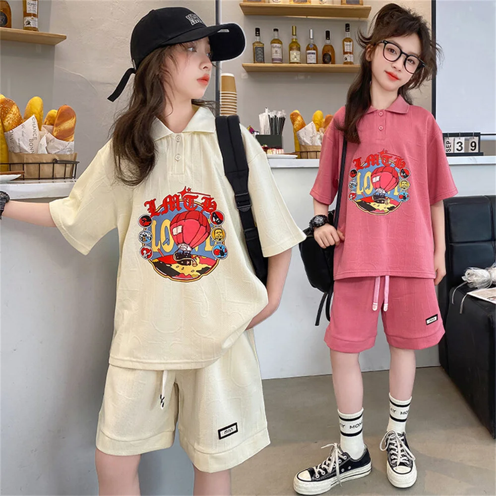 

Cartoon Children's Set Summer Pure Cotton Polo Collar Shirt Set College Style Girl T-shirt And Shorts Set