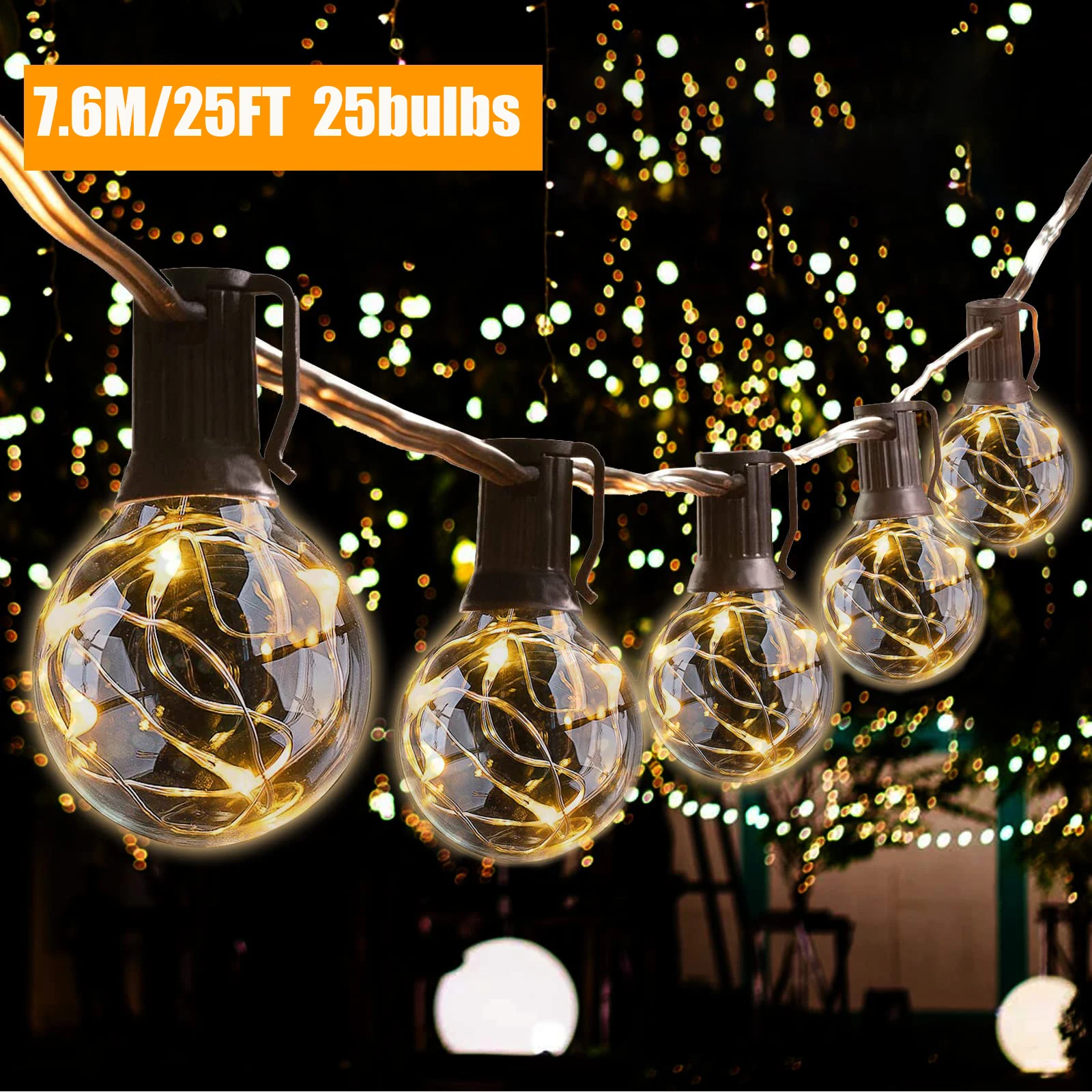 G40 Led String Lights 25FT 25PCS Copper wire LED Bulb Plastic IP45 Waterproof Garland Strings for Patio Christmas Wedding Decor wsdb pv4 2 ip65 in 2 out strings 25a 1000v dc solar pv array plastic combiner box