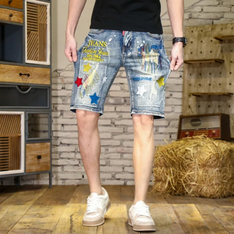 Retro Blue Denim Shorts Men's 2024 Summer Scratch Embroidery Design Cool Smart Street Motorcycle Shorts