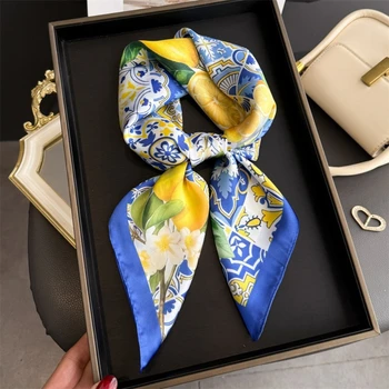 2026 Korean Version Fruit Print Square Scarf Women Head Scarves Fashion Decorate Neckerchief Female Neck Ties Soft Hijab Foulard