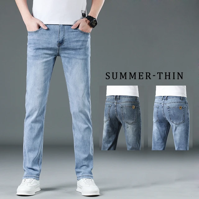 Men's Thin Jeans Spring Summer New Business Fashion Elastic Loose Straight  Denim Pants Light Blue Trousers Plus Size 40 42 44 - AliExpress