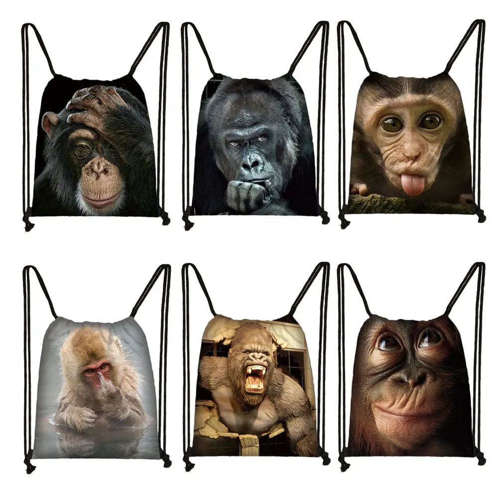 

Funny Monkey Face Print Drawstring Bag Orangutan Thinking Women Backpack Shoes Holder Casual Storage Beach Bags for travel Gift
