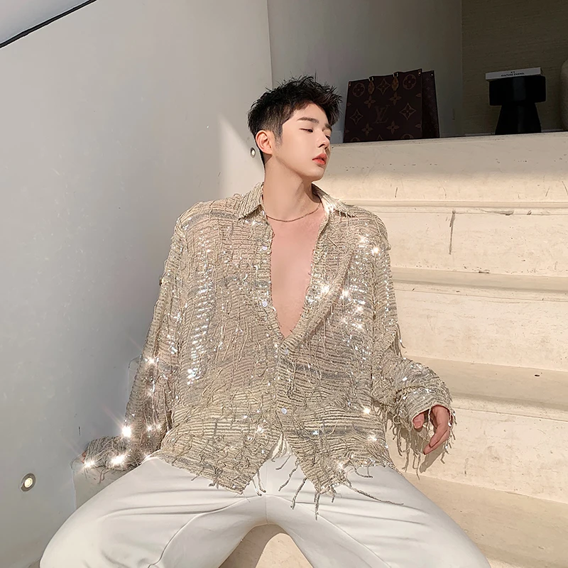 Men shirts Long sleeve Streetwear Men Shirt Cargo Vintage Fashion Sequins tassel Stage Show Dress Shirt Oversized Blouse