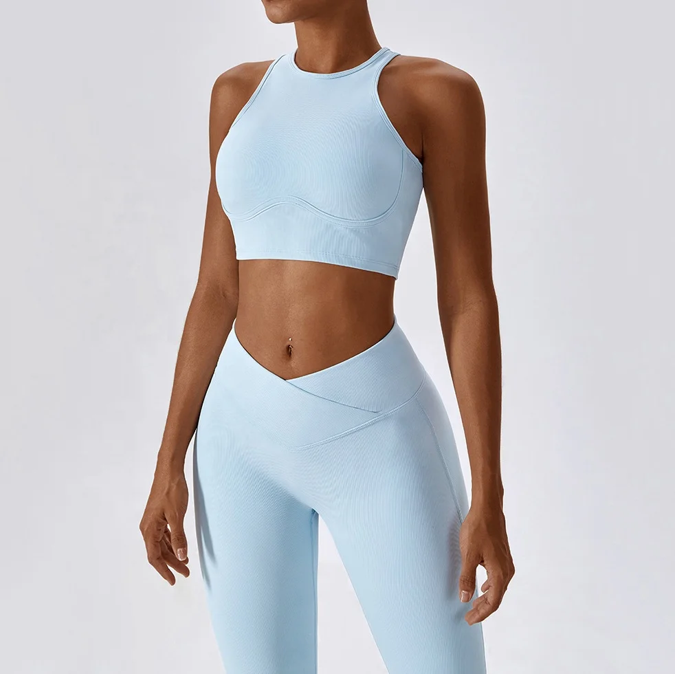 Women Soft Compression Elastic V Cut Ribbed Dance Flare Pants and Bra Set New Solid Color Gym Fitness Yoga Set