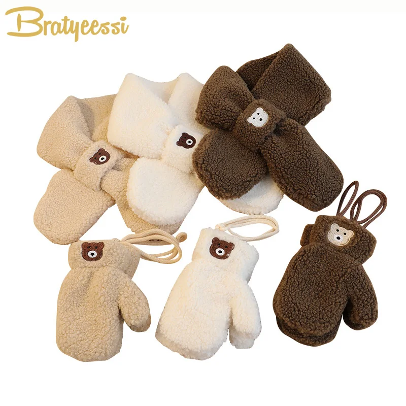 

New Bear Winter Baby Scarf Gloves Set Lamb Wool Korean Warm Kids Neck Warmer Mittens Children Boys Girls Accessories 2-6Y