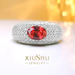 Luxury and Minimalist 925 Silver Egg Shaped Artificial Ruby, High Carbon Diamond, European and American Engagement Jewelry