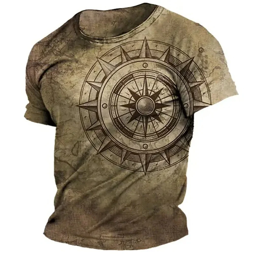 Men's Vintage Nautical Map Compass Print T-Shirt Summer Daily Loose Short Sleeve Male Tops Casual Tees Unisex Clothing Apparel