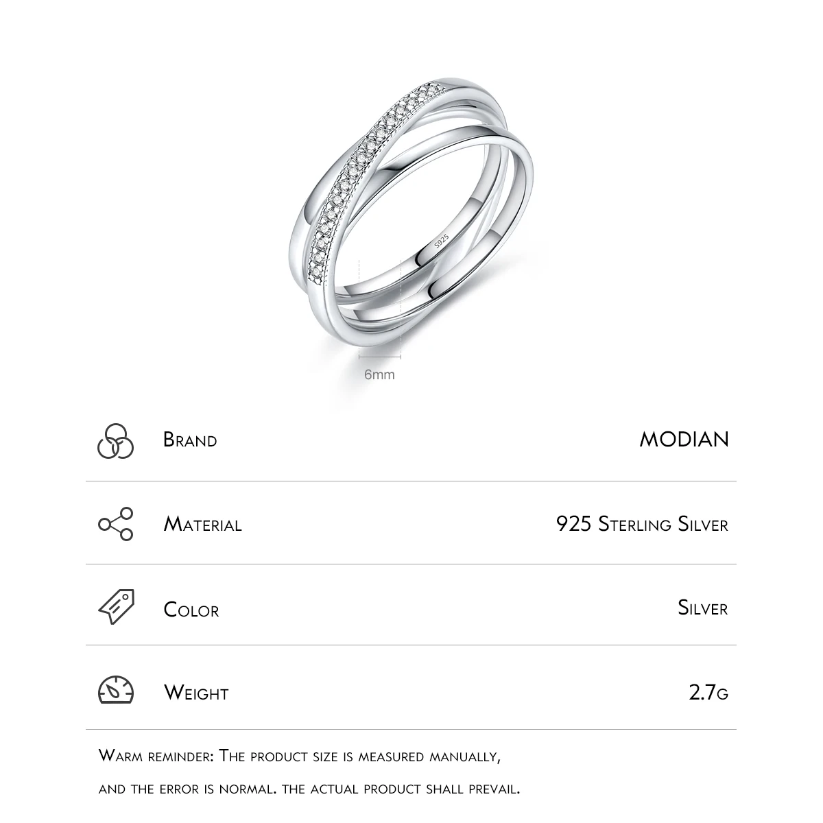 MODIAN 925 Sterling Silver Simple Geometric Cross Line Finger