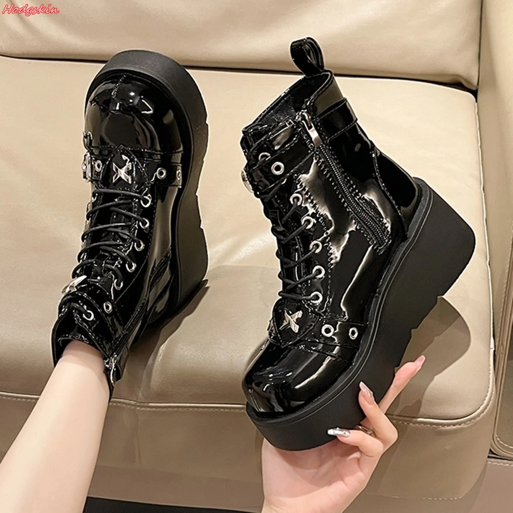 Black Thick Sole Metal Chain Women Short Boots Round Toe Side Zipper Flats Shoes Punk All-match Height Increasing Ankle Boots