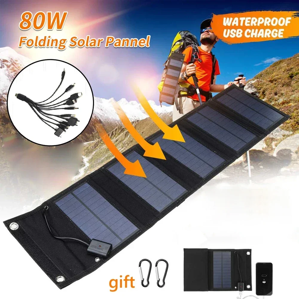 Pannelli Solari Pieghevoli Da 80W Ricarica Solare Portatile Usb 5V Impermeabile Per Campeggio All'Aperto Accessori Per L'Escursionismo Alimentatore Di
