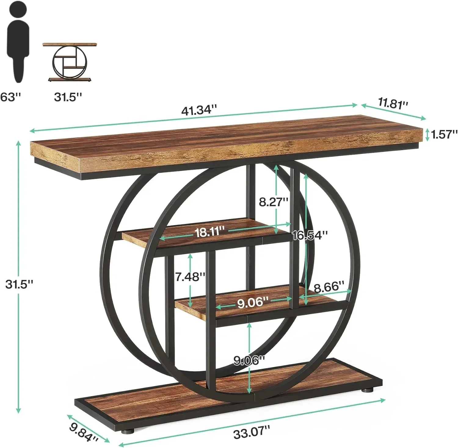 New2025-41.3" Console Table, Industrial 4-Tier Sofa Table Entryway Table with Circle Base