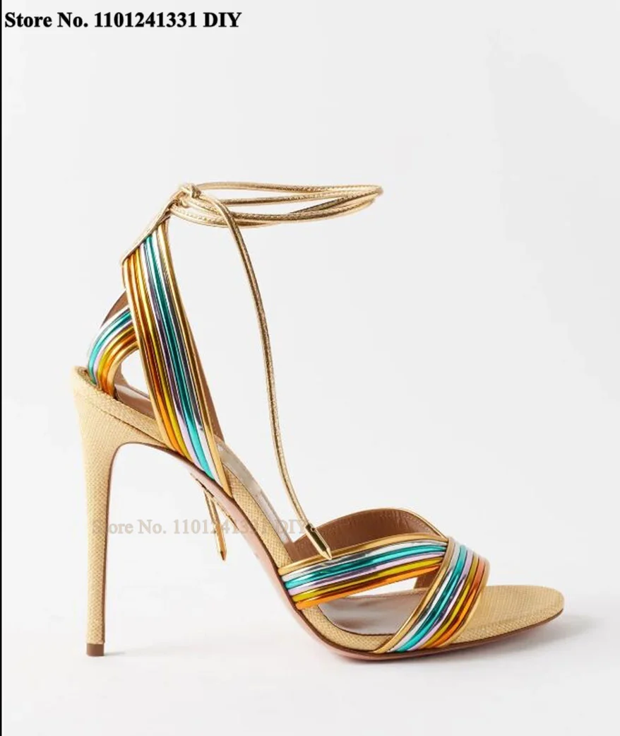 

Multicoloured Leather Straps Slender Ties Wrap Ankle High Heel Sandals Women Tie Waist Heeled Summer Party Shoes Plus Size 44