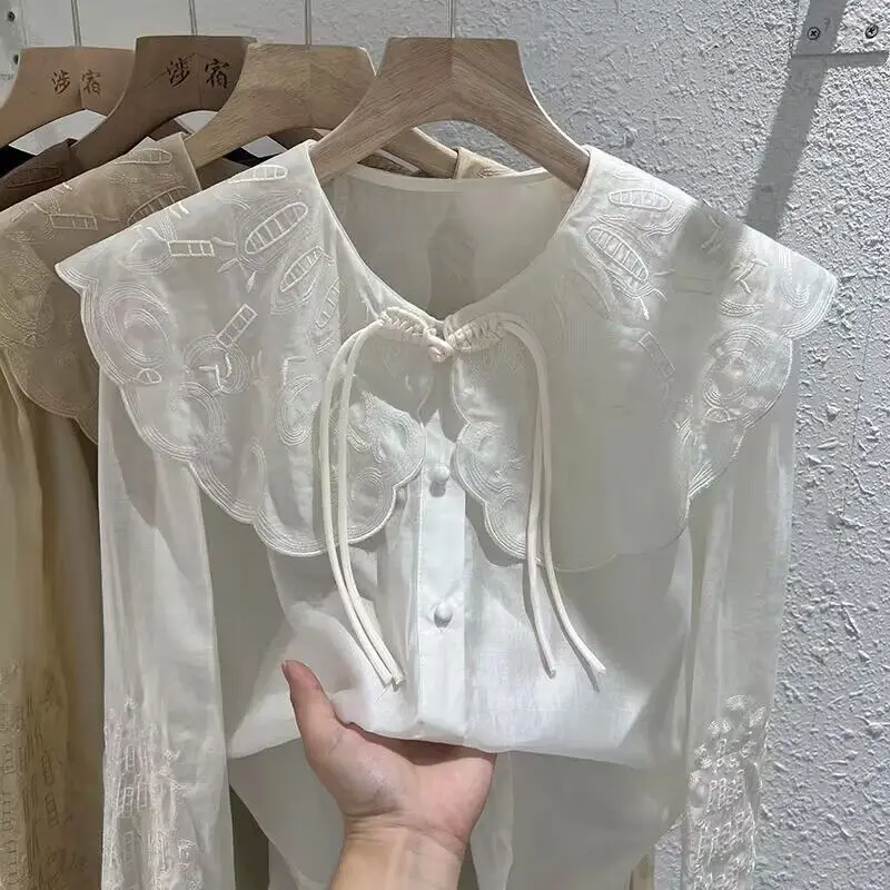 

Chic Turn-down Collar Vintage Cotton Shirt Female Long Sleeve White Blouse Women Embroidered 2023 Woman Blouses Tops Femme Blusa