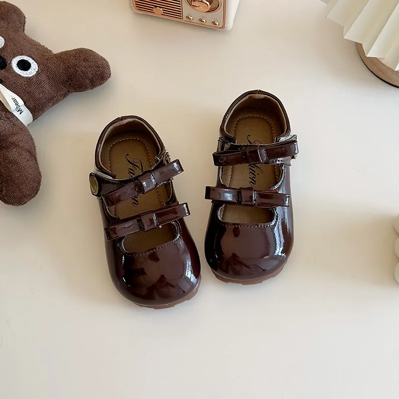 Girl's Mary Janes Patent Leather Bowtie Round Toe Cute Kids Flat Shoes Toddler Three Colors Spring Hook-loop Children Shoe 21-30 leather shoes mary jane shoes girls shoes girls flats