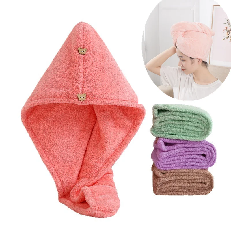 Microfiber Hair Towel Care Cap with Button Super Absorbent Hair Towel Wrap Fast Drying Wraps Women Bathroom Accessories microfiber towel hair towel