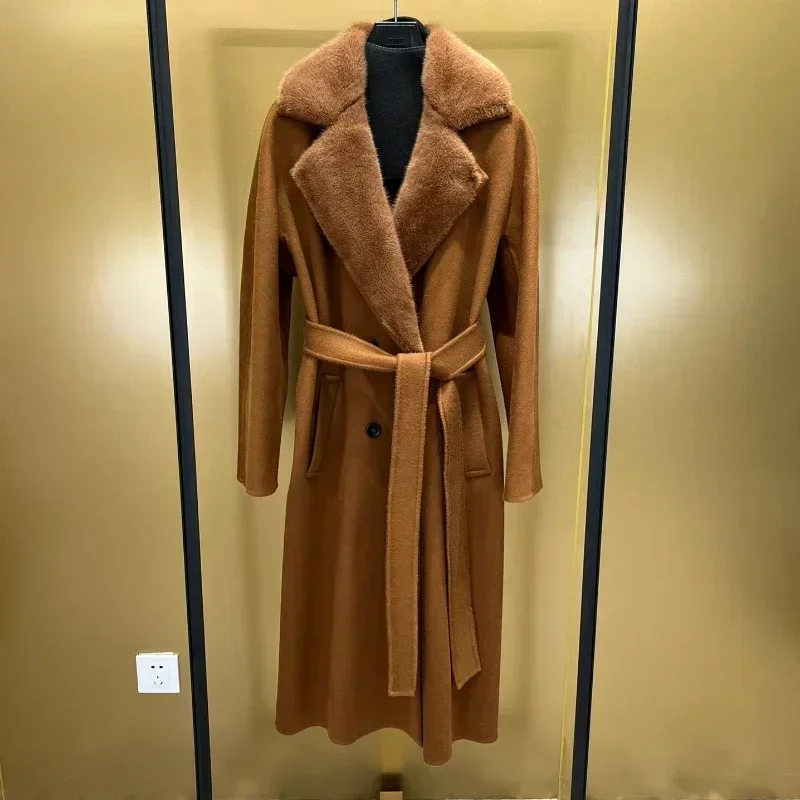 

23 New Women's Max Cashmere Coat Autumn Maillard Style Women's Long Mink Fur Collar Coat Horn Button Double Breasted Mara Jacket