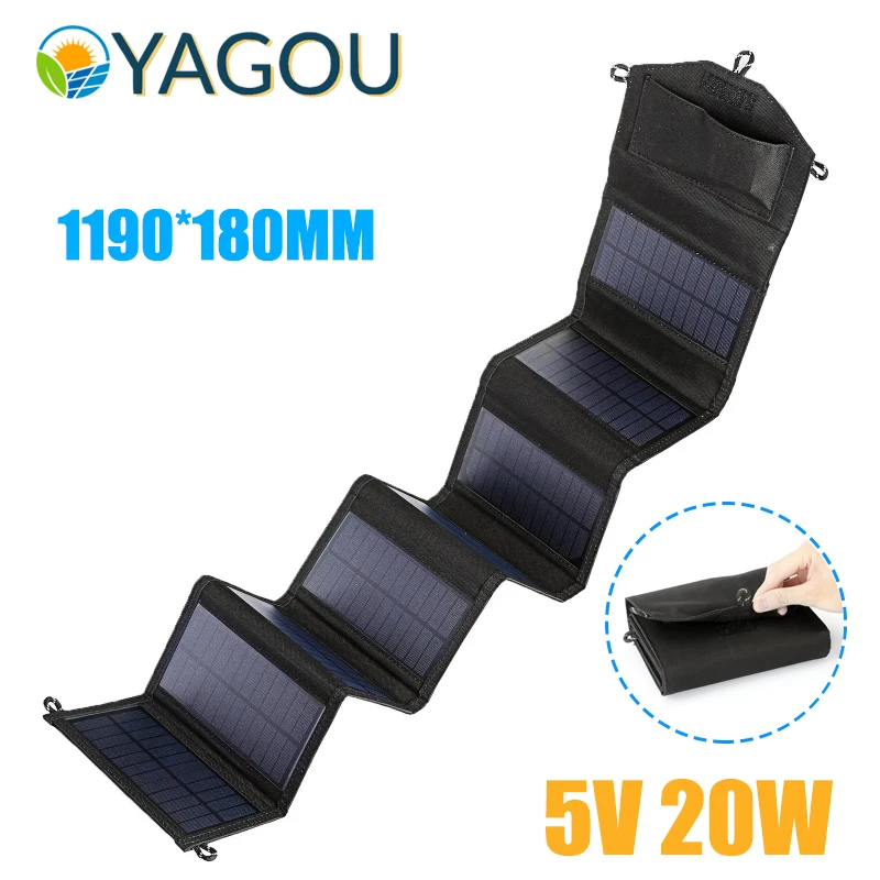 YAGOU 20W Foldable 5V Solar Panel Plus Size High Power 8Fold Solar Charger for Mobile Phone Power Bank Outdoor Camping Sunlight
