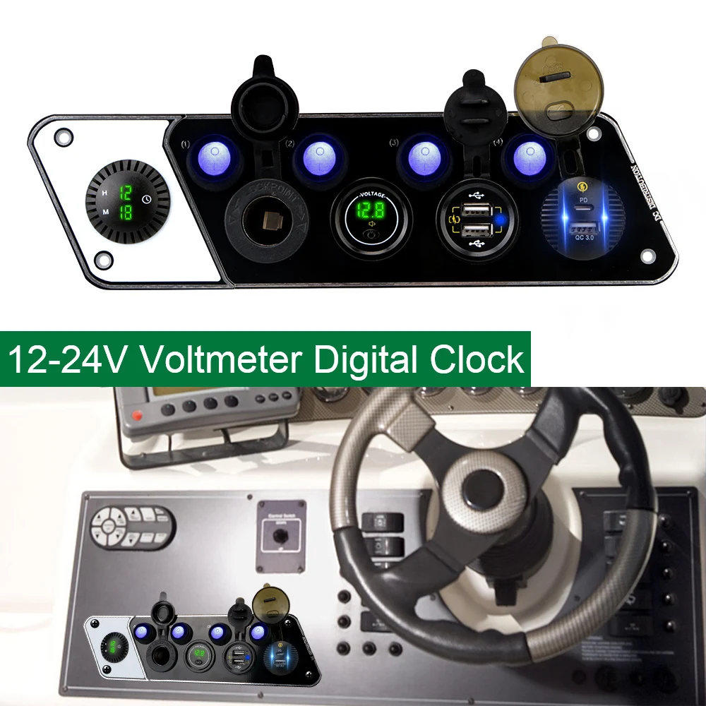 

Digital Voltmeter Clock 4 Gang Switch Panel QC3.0 PD Dual USB Cigar Lighter 12-24V 36W Waterproof Charger Socket For Car Marine